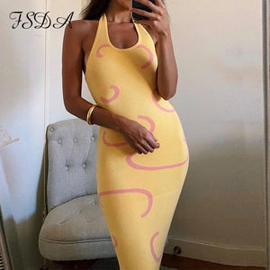 FSDA 2021 Knitted Bodycon Dress Women Y2K Halter Neck Summer Yellow Sleeveless Midi Backless Party Sexy Dresses Beach